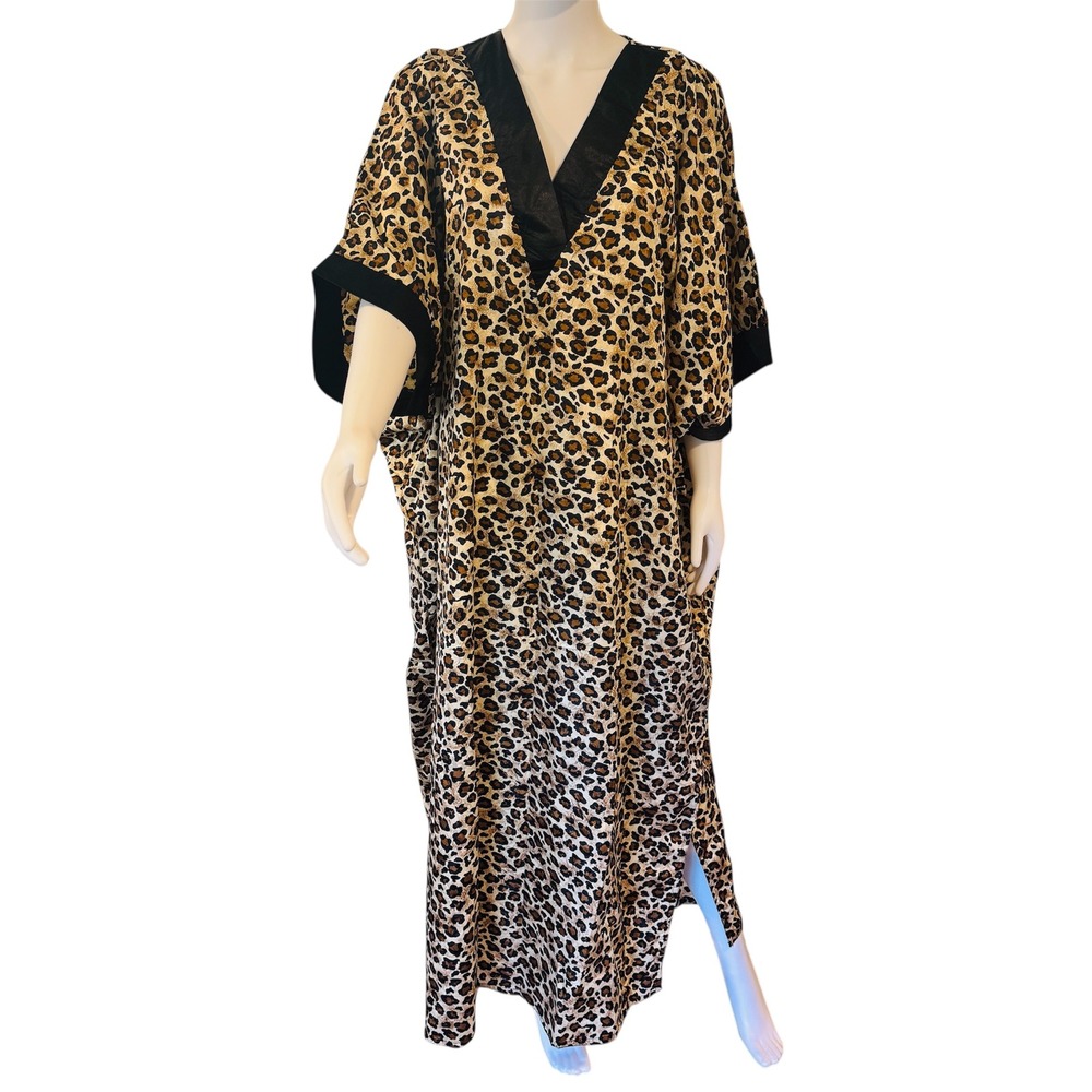 Sante Leopard Print Caftan Maxi Dress Free Size Brown Black V-Neck Loungewear
